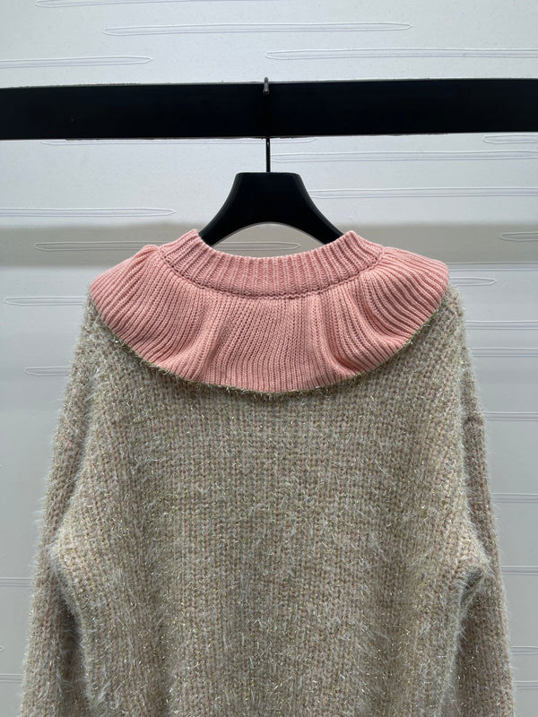 Chanel 2025 Pull scintillant à col volanté Beige Rose Polyester Laine 319565