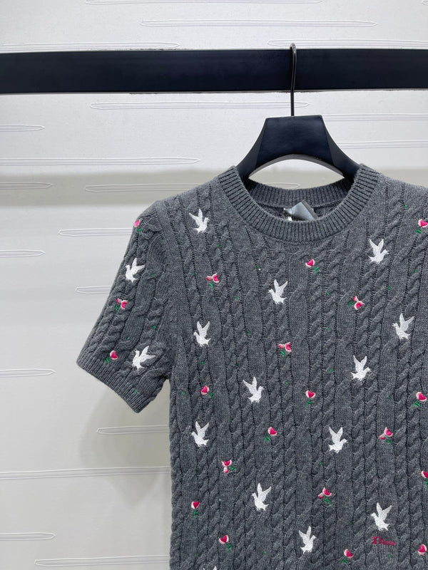 CD SS26 Embroidered Cable-Knit Sweater Bird Rose Grey Cashmere 351088