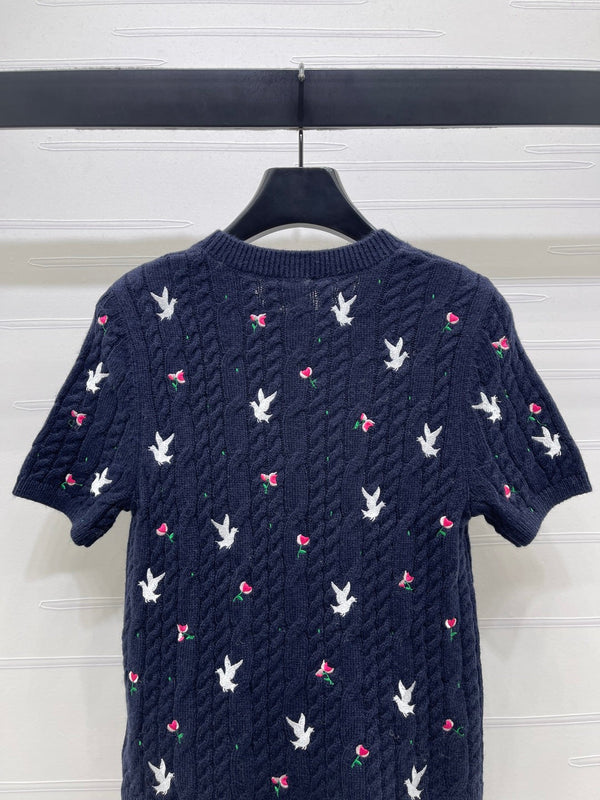 CD SS26 Embroidered Cable-Knit Sweater Bird Rose Navy Blue Cashmere 351087