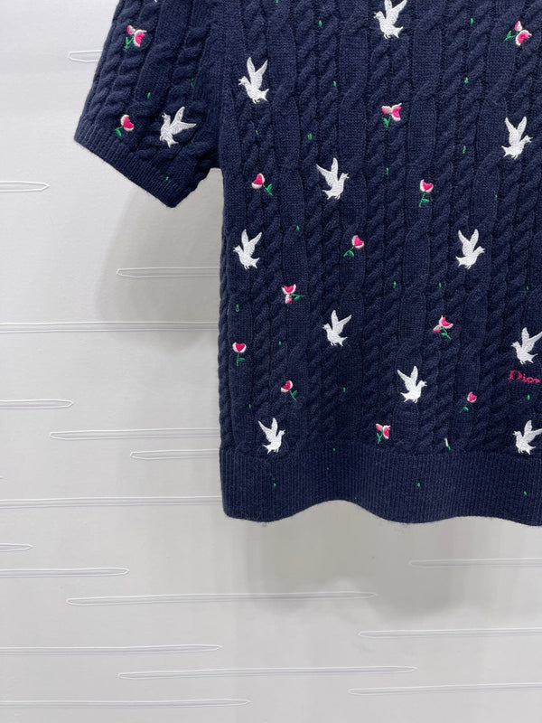 CD SS26 Embroidered Cable-Knit Sweater Bird Rose Navy Blue Cashmere 351087
