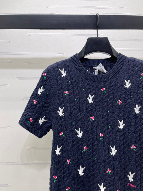 CD SS26 Embroidered Cable-Knit Sweater Bird Rose Navy Blue Cashmere 351087