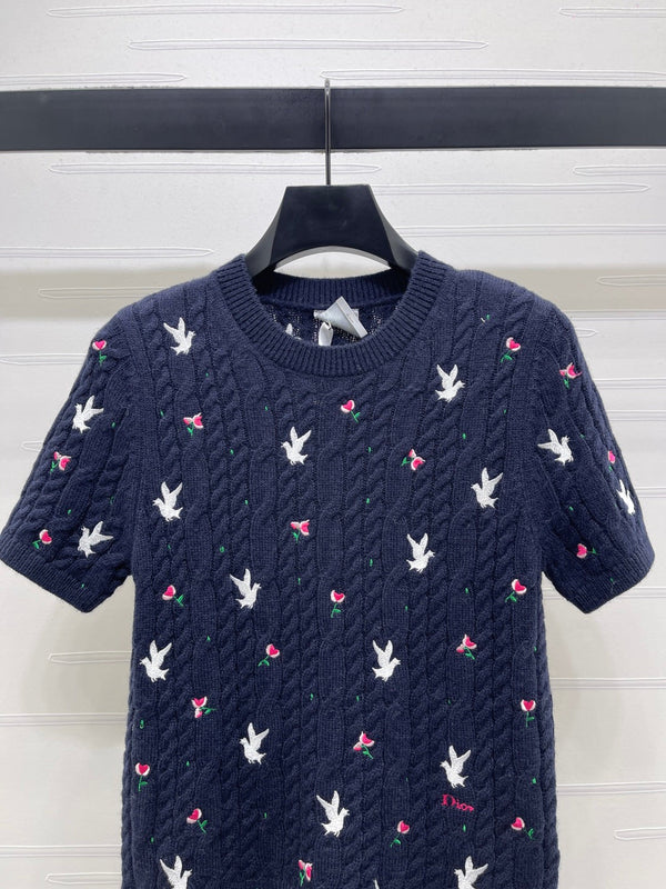 CD SS26 Embroidered Cable-Knit Sweater Bird Rose Navy Blue Cashmere 351087