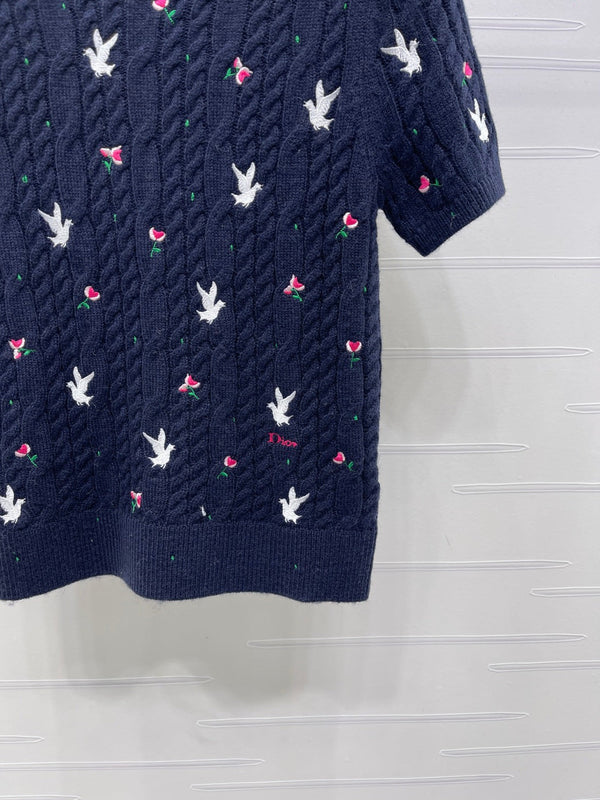 CD SS26 Embroidered Cable-Knit Sweater Bird Rose Navy Blue Cashmere 351087