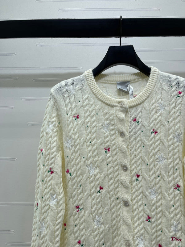 CD SS26 Crew Neck Embroidered Knit Cardigan Ivory Cashmere 351072