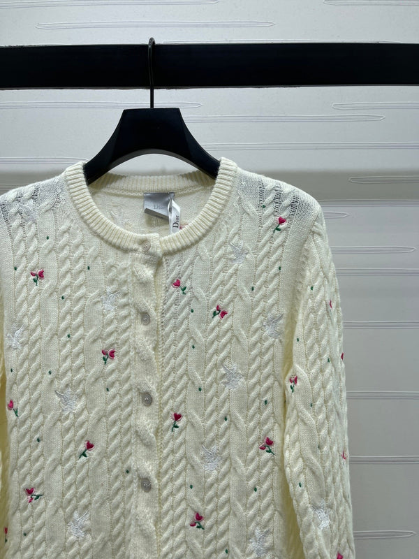 CD SS26 Crew Neck Embroidered Knit Cardigan Ivory Cashmere 351072