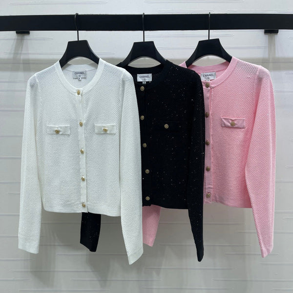 Chanel 2026 Cardigan en tricot à col rond, sequiné, soie et laine
