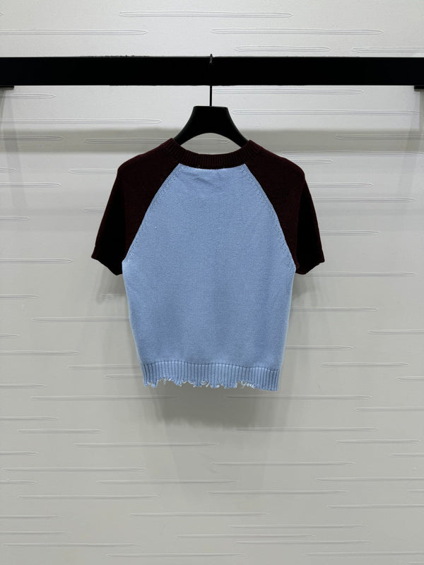 CC Pull en maille à manches courtes bleu clair bordeaux cachemire laine 351024
