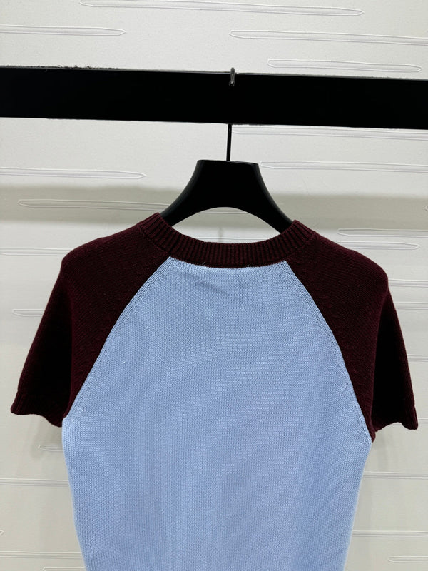 CC Pull en maille à manches courtes bleu clair bordeaux cachemire laine 351024