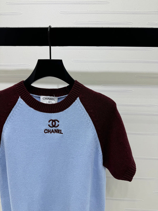 CC Pull en maille à manches courtes bleu clair bordeaux cachemire laine 351024