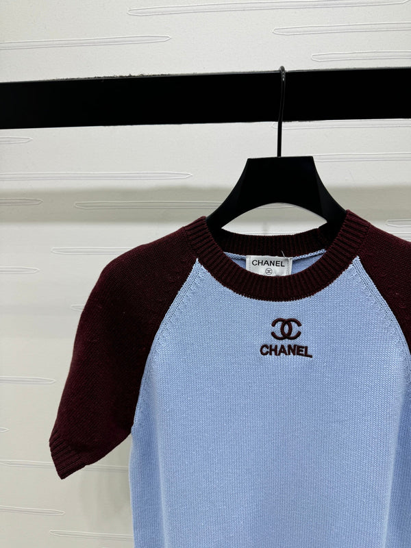 CC Pull en maille à manches courtes bleu clair bordeaux cachemire laine 351024