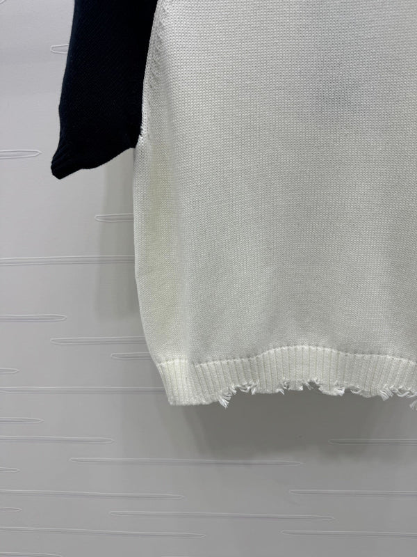 CC Pull en maille à manches courtes Blanc Noir Cachemire Laine 351022