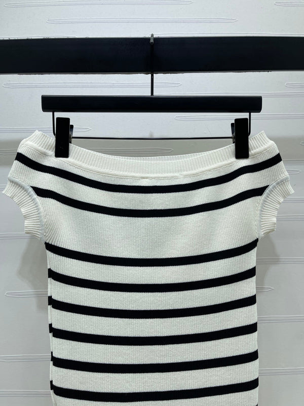 CD Knit Short-Sleeved Sweater Black Cream Wool Cashmere 380758