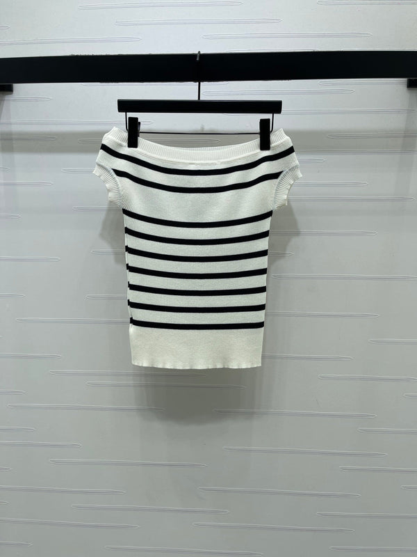 CD Knit Short-Sleeved Sweater Black Cream Wool Cashmere 380758