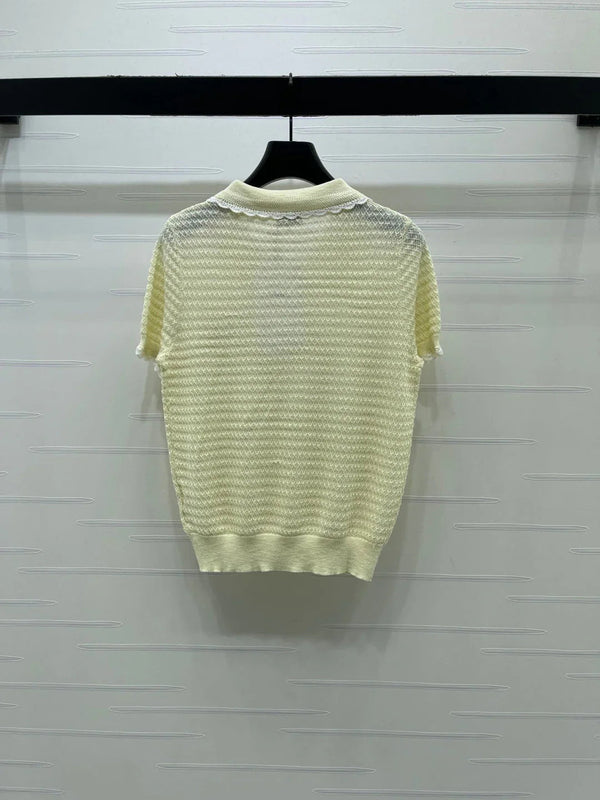 CC 2026 Lace-trimmed Polo Collar Knit Short-sleeved Top Cotton 390780