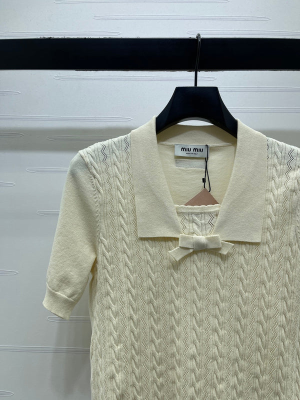 Miu Cable Knit Short-Sleeved Shirt Linen Silk