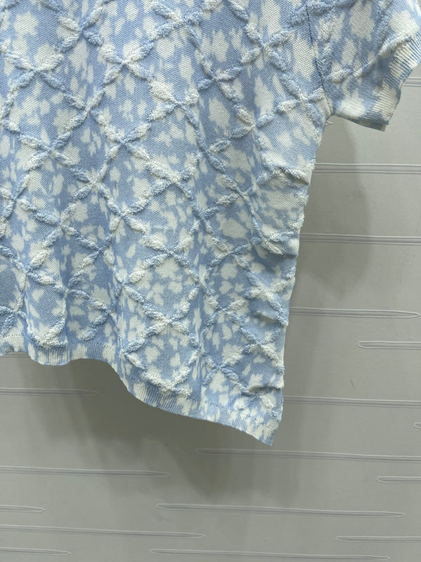 CC 26s Floral Knit Short-Sleeved Top Blue White Wool 401606