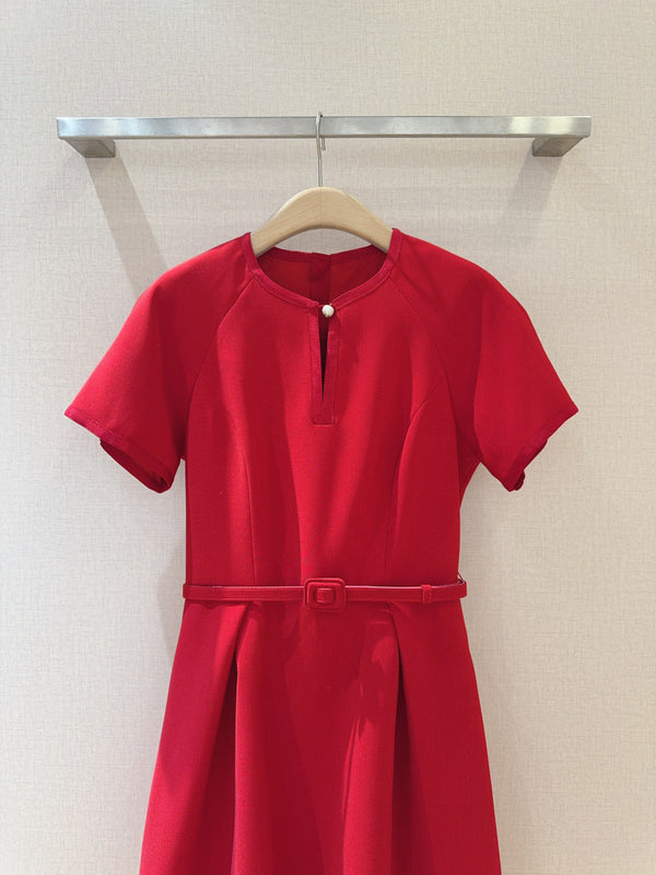 CD 25 Round Neck Raglan Sleeve Dress Red Polyester