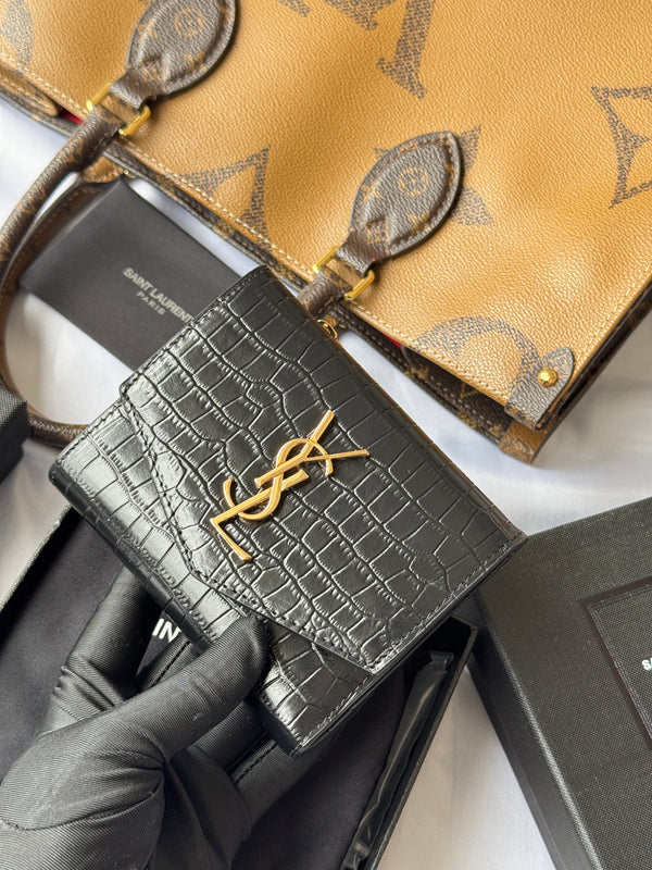 YSL Tri-fold Wallet 12cm Black Gold Alligator leather