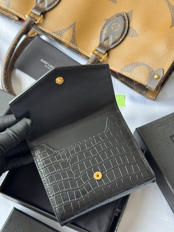 YSL Tri-fold Wallet 12cm Black Gold Alligator leather