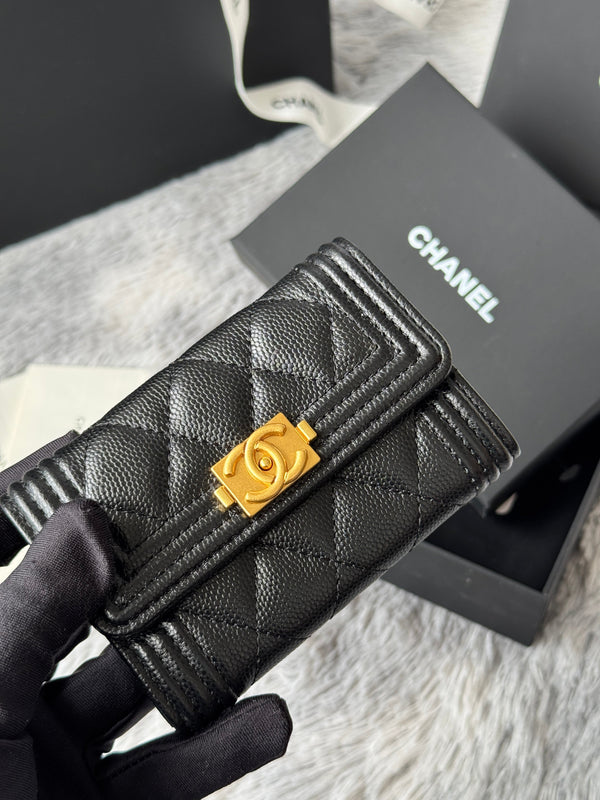 CC Boy Flap Card Holder Black Gold-tone Grained Calfskin 242866