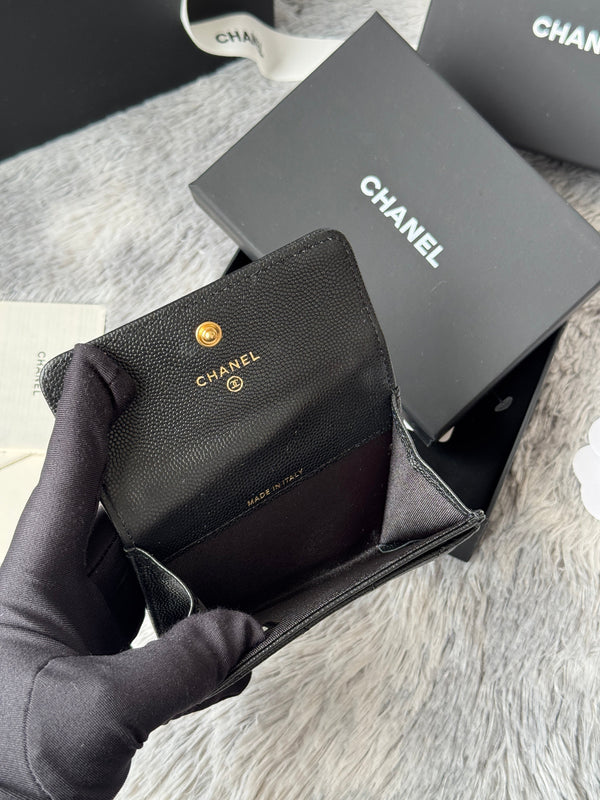 CC Boy Flap Card Holder Black Gold-tone Grained Calfskin 242866