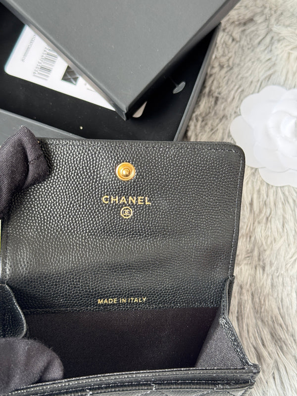 CC Boy Flap Card Holder Black Gold-tone Grained Calfskin 242866