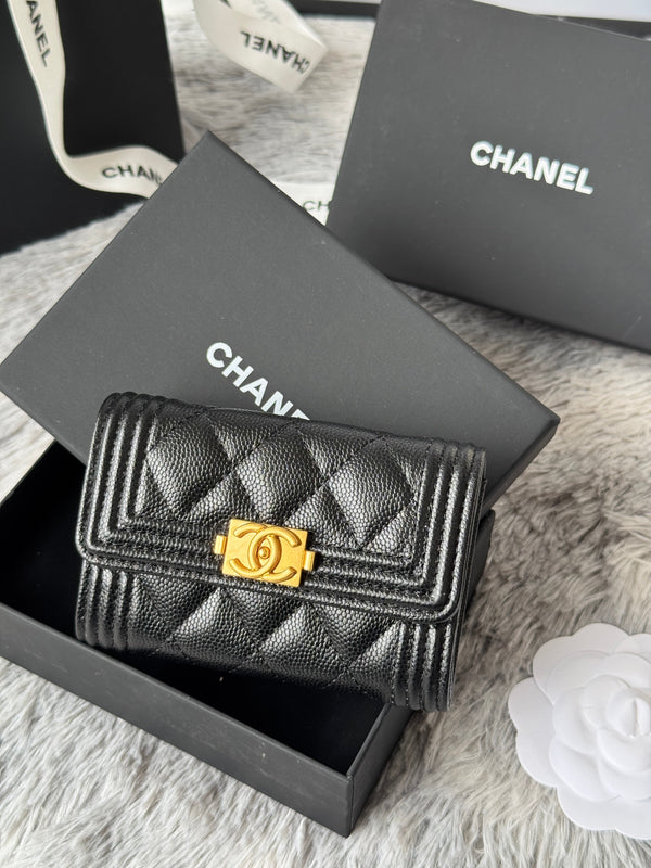 CC Boy Flap Card Holder Black Gold-tone Grained Calfskin 242866