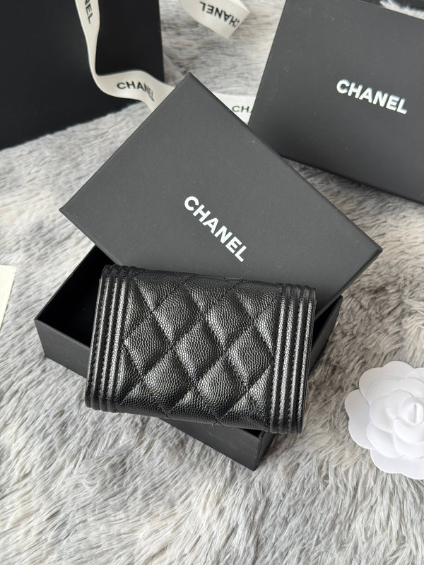 CC Boy Flap Card Holder Black Gold-tone Grained Calfskin 242866