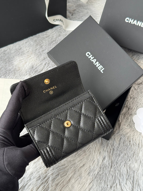 CC Boy Flap Card Holder Black Gold-tone Grained Calfskin 242866