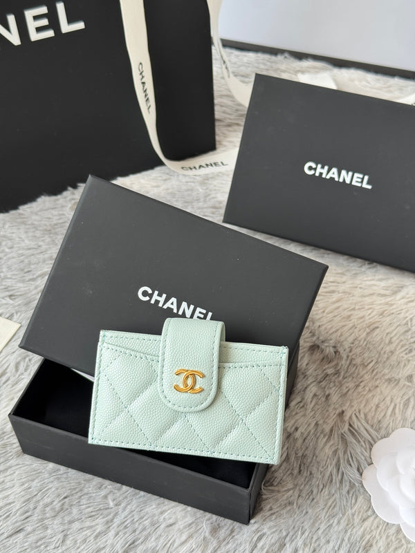 CC Accordion Card Holder Light Blue Gold-tone Metal Caviar 242663