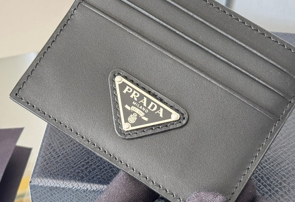 Pra Metal Logo-Plaque Card Holder Black Saffiano Leather