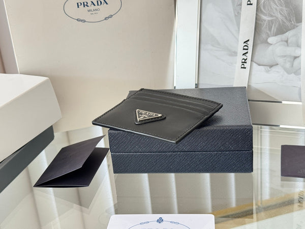 Pra Metal Logo-Plaque Card Holder Black Saffiano Leather