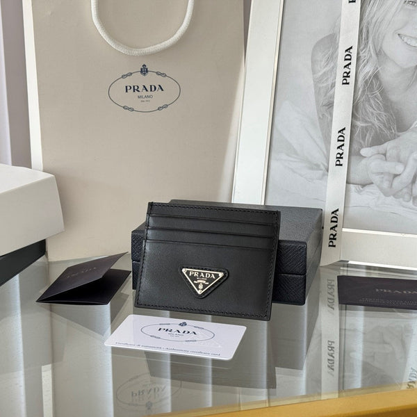 Porta carte Pra Metal Logo-Plaque in pelle Saffiano nera