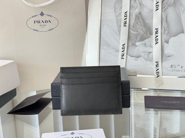Pra Gold Logo-Stamp Card Holder Black Saffiano Leather