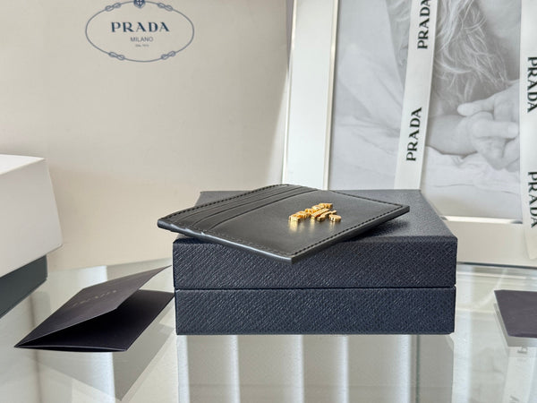 Pra Gold Logo-Stamp Card Holder Black Saffiano Leather