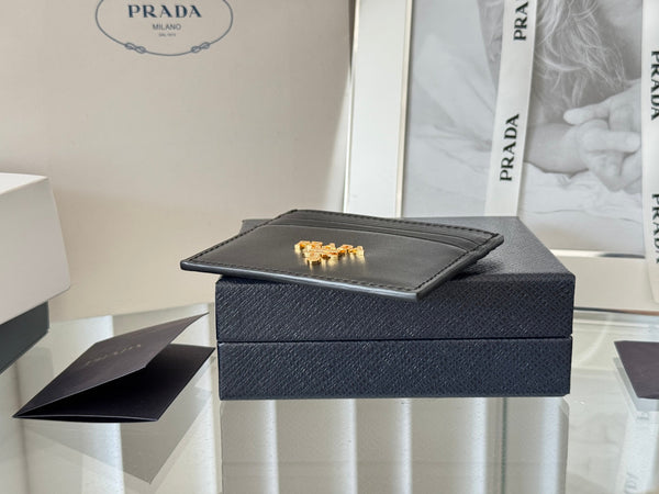 Pra Gold Logo-Stamp Card Holder Black Saffiano Leather