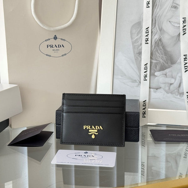 Porta carte Pra Gold Logo-Stamp in pelle Saffiano nera
