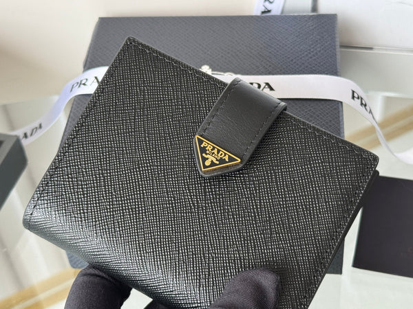 Pra 1MV204 Small Wallet Black Gold Tone Saffiano & Smooth Leather