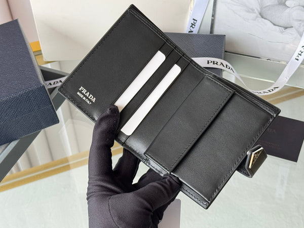 Pra 1MV204 Small Wallet Black Silver Tone Saffiano & Smooth Leather