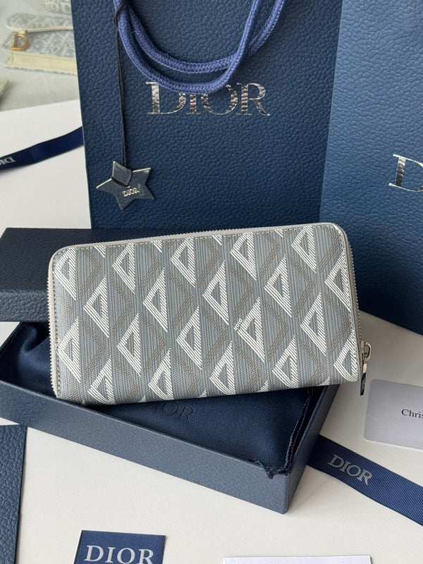 CD Diamond Zipped Long Wallet Grey White Canvas & Cowhide