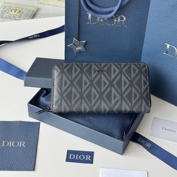 Portafoglio lungo con cerniera CD Diamond in tela e pelle di mucca, nero e blu
