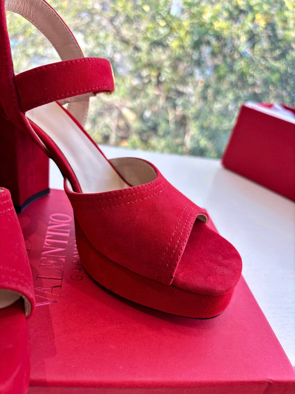 Valentino Fawcette Platform Sandal Red Suede 702296