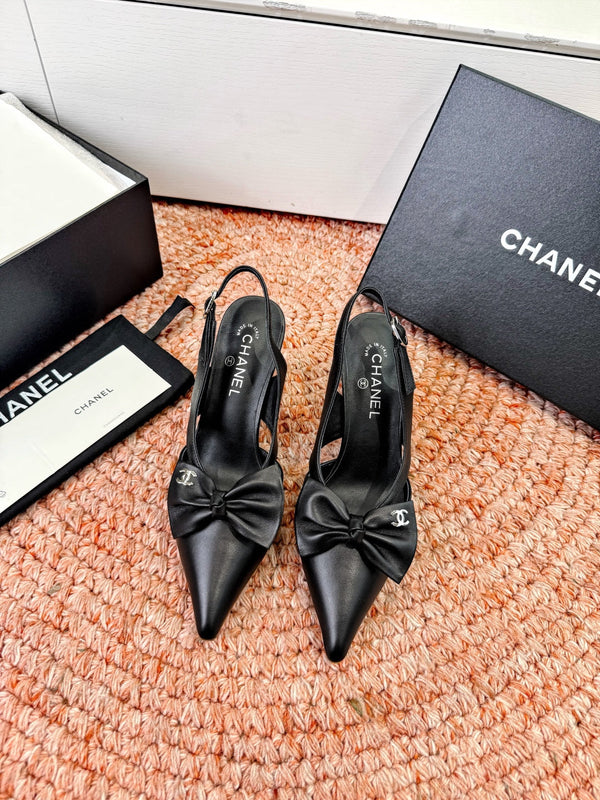CC 26s Bow Heels 7cm Slingback Black Sheepskin 703665