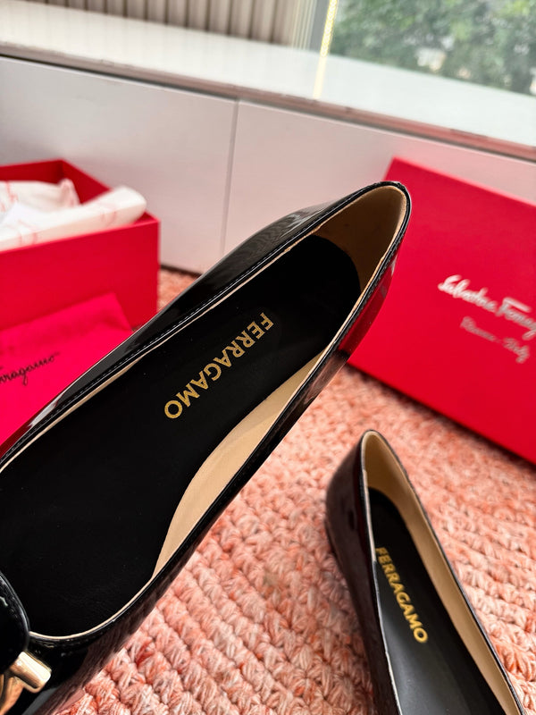 Ferragamo Gancini Ballet Flat Black Patent Leather 760470