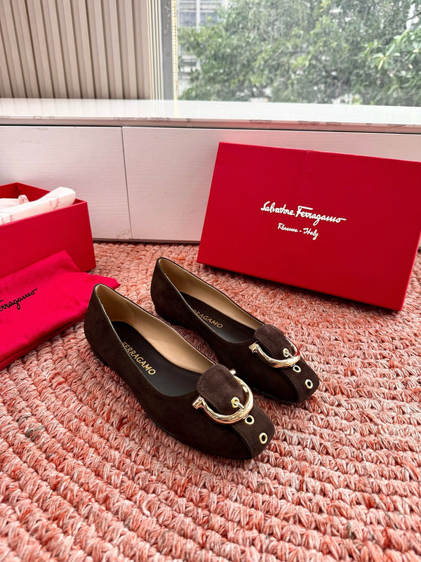 Ferragamo Gancini Ballet Flat Dark Brown Suede 760474