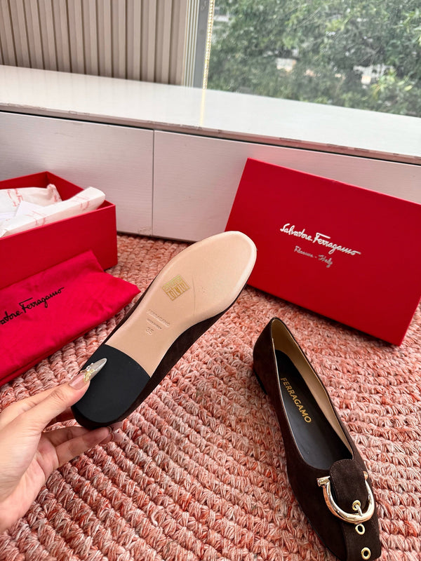 Ferragamo Gancini Ballet Flat Dark Brown Suede 760474