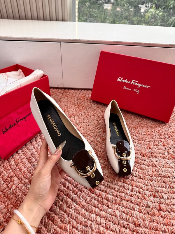 Ferragamo Gancini Ballet Flat Black White Lambskin 760472