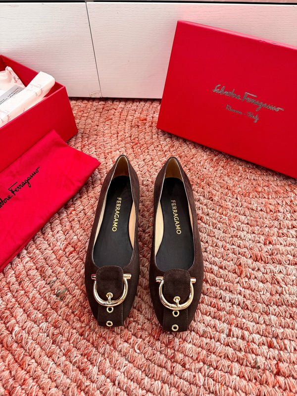 Ferragamo Gancini Ballet Flat Dark Brown Suede 760474