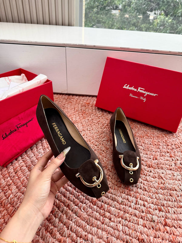 Ferragamo Gancini Ballet Flat Dark Brown Suede 760474