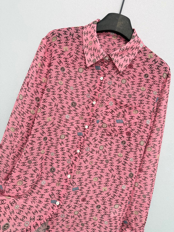 Chemisier à manches longues en polyester rose imprimé CC 26s 367045